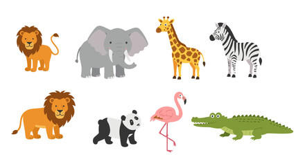 Obraz premium Cartoon illustration featuring a collection of diverse animals including lions and zebra