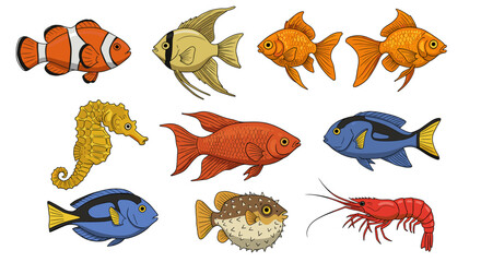 Fototapeta premium Illustration featuring a variety of colorful sea creatures including fish and shrimp