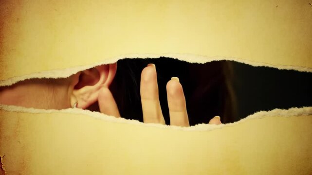 Mysterious Woman Peeking Through Torn Paper