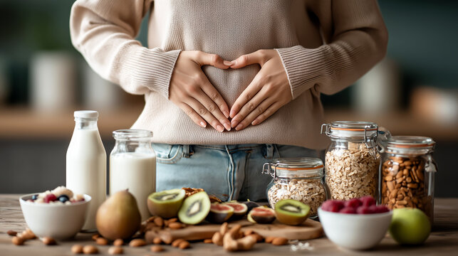 Woman in Sweater Creating Heart Shape with Hands Over Stomach Surrounded by Healthy Food Choices Like Milk, Fruits, Nuts, and Grains in Kitchen Setting