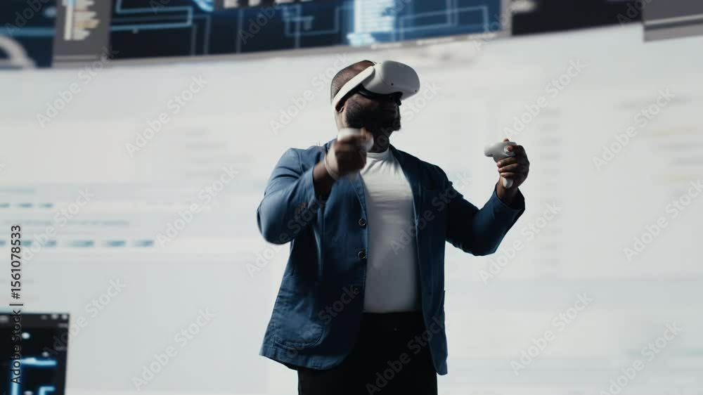 Poster african american programmer engaging in virtual reality with a headset, focusing on system developme