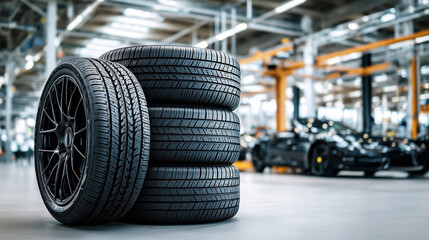 Modern Auto Garage with Four Black Tires Stacked on a Floor in an Industrial Setting Showcasing a Sleek Sports Car in the Background