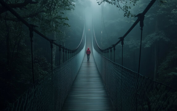Person in red jacket walking on a misty suspension bridge in a forest area