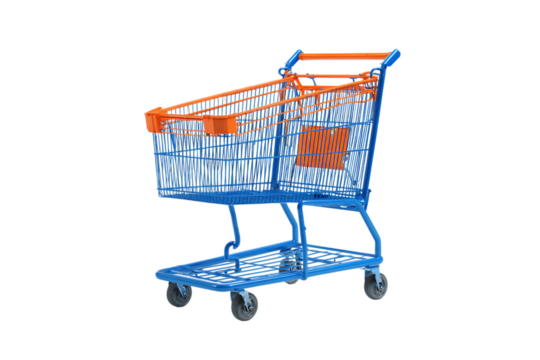 Blue shopping cart with orange accents on a black background.