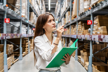Large storage facility, Young woman diligently checking her clipboard as she organizes and oversees the supplies, but she forgot detail, feeling stressed, mistake while Exploring the warehouse