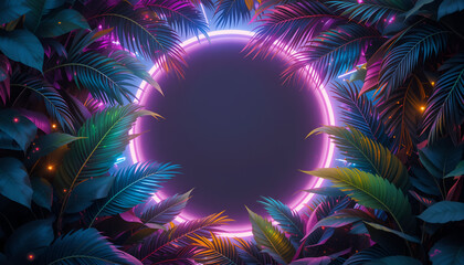 Neon Tropical Frame with Colorful Leaves and Glowing Circle

