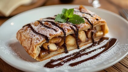 Apple Strudel slice, dusted with powdered sugar and chocolate
