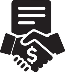 Silhouette vector of handshake and document representing contract agreement, partnership, and performance bonus.