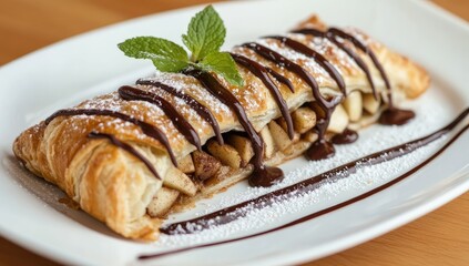 A rectangular, golden-brown pastry, filled with apples and drizzled with chocolate, sits on a white plate.  A sprig of mint and powdered sugar add visual appeal