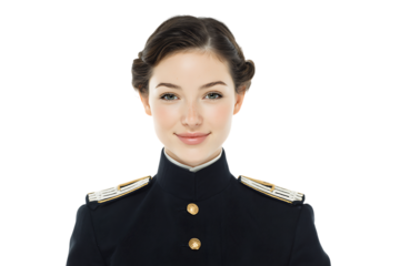 Portrait of a young woman in a military uniform.