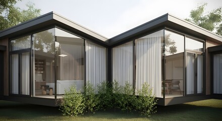 Fototapeta premium Modern architectural design with large glass windows showcasing interior details. The structure features a geometric roofline and is surrounded by lush greenery creating a natural setting.