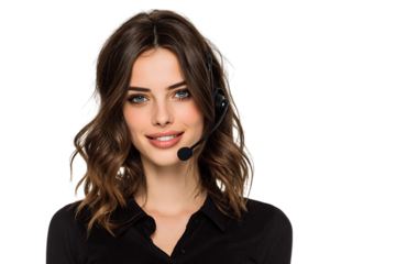 Friendly woman wearing a headset, providing customer service.