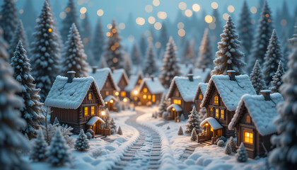 Peaceful Snowy Winter Village Scene with Glowing Cabin Lights

