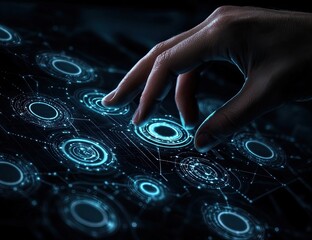 Close-up of a hand interacting with a futuristic interface.  Glowing circles and lines form a complex network on a dark background, as the fingertip touches a central circle