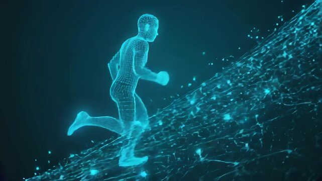 Glowing Holographic Wireframe Man Running Uphill in a Futuristic Digital Landscape