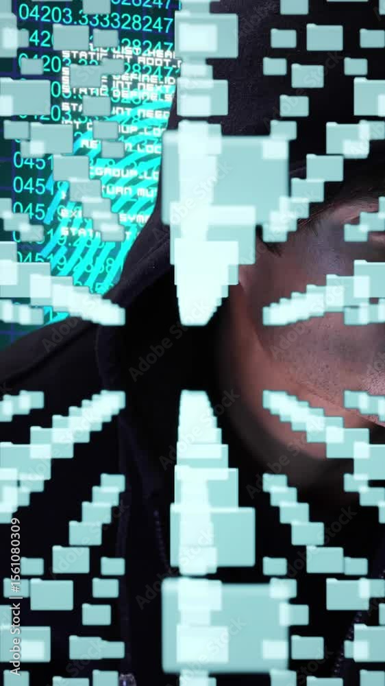 Poster cyber security data processing against male hacker using laptop