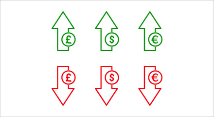 Currency rate increase and decrease icons. isolated on white background