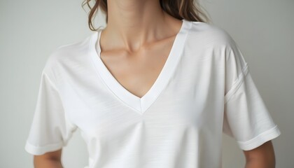 Woman Wearing White V-neck T-shirt in Neutral Indoor Setting