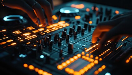 Close-up of hands mixing music on a DJ mixer.  Bright orange/yellow lights highlight the controls