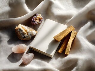 flatlay of crystals, notebook, and palo santo on linen surface, photorealistic, spiritual calm mood