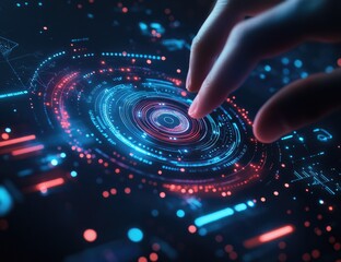 Close-up of a hand interacting with a glowing, futuristic interface. Circular patterns and data visualizations are highlighted.