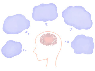 脳疲労や頭痛：疲れた状態の脳とモヤモヤした吹き出し