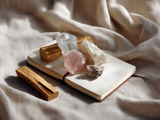 flatlay of crystals, notebook, and palo santo on linen surface, photorealistic, spiritual calm mood