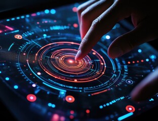 Close-up of a hand interacting with a futuristic interface on a tablet.  Glowing, colorful, circular patterns and indicators are visible on the display.  A fingertip touches a central, bright area