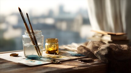 artisan workspace with paintbrushes, water jar, and unfinished canvas, photorealistic