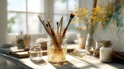 artisan workspace with paintbrushes, water jar, and unfinished canvas, photorealistic