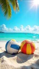 Obraz premium Two beach volleyballs rest on soft sand near the ocean, under a vibrant blue sky Perfect for summer, vacation, and sport themes Sun shines brightly, casting shadows on the sand , coast, ball