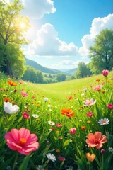 Obraz premium Vibrant wildflowers blooming in a lush meadow under a bright spring sky, symbolizing rebirth and renewal in nature , natural beauty, spring landscape, wildflowers