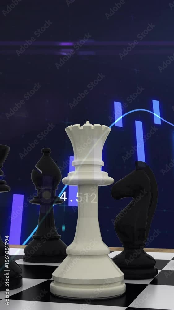 Poster animation of chess pieces over graph and data processing on dark background