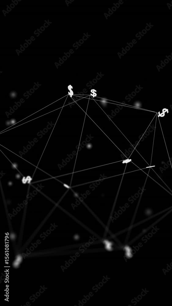Poster animation of network with data processing and dollar signs over black background