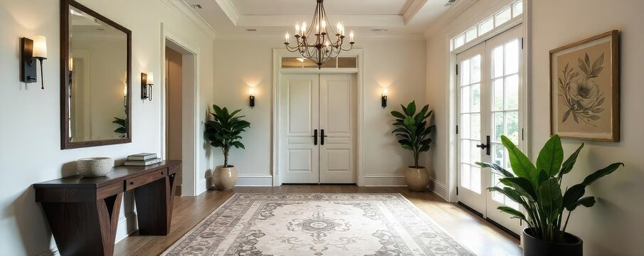 Elegant foyer with modern chandelier, stylish console table, and patterned rug creating a welcoming and sophisticated entryway Perfect for interior design inspiration , house, style