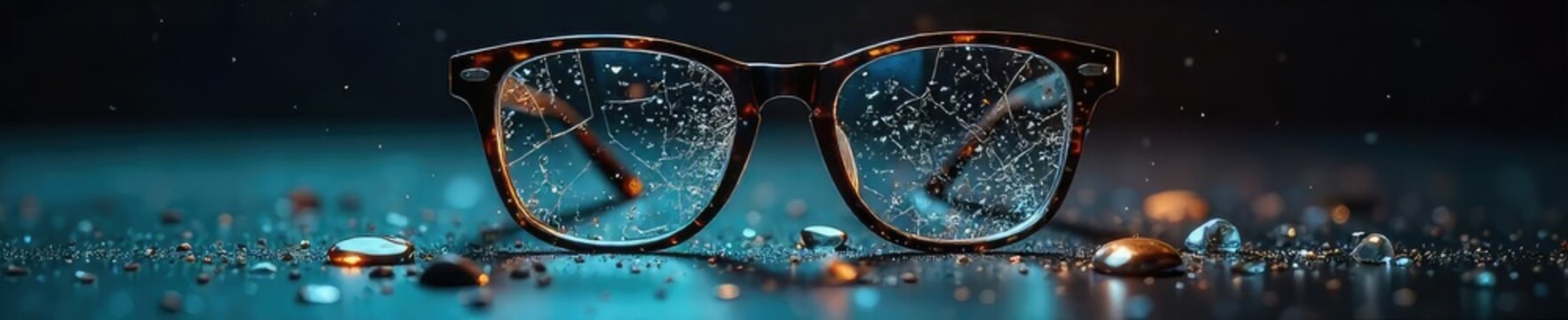 Close-up shot of a pair of eyeglasses dramatically shattered, symbolizing the destruction of hatred and prejudice The broken lenses and frame are scattered on a dark surface , optics, lenses