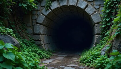 A dark, claustrophobic tunnel entrance, overgrown with vines and shadowed, hinting at unseen dangers within The crumbling stonework suggests instability and potential collapse , mysterious, texture