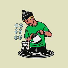 Barista. Man drinking coffee. Hand drawn. Illustrations. Logo