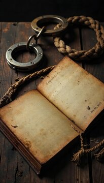 A poignant image depicting shackles, a tattered whip, and a worn, dirt-stained ledger, symbolizing the harsh realities and dehumanizing nature of the institution of slavery , racism, forced labor