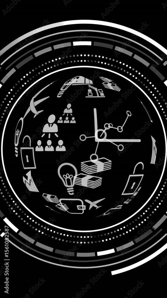 Poster animation of scope with icons and data processing over black background