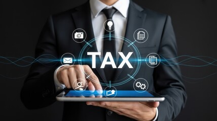 Businessman using a tablet with tax-related icons.