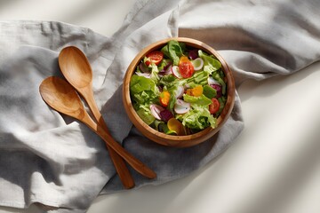 plant based meal scene with salad bowl, linen napkin, and wood cutlery, photorealistic, daylight