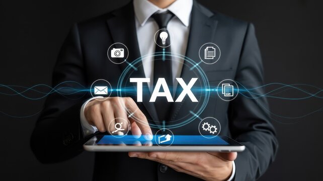 Businessman using a tablet with tax-related icons.