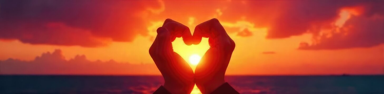 Silhouette of intertwined hearts against a vibrant sunset, symbolizing spiritual connection and unconditional love , grace, love, energy