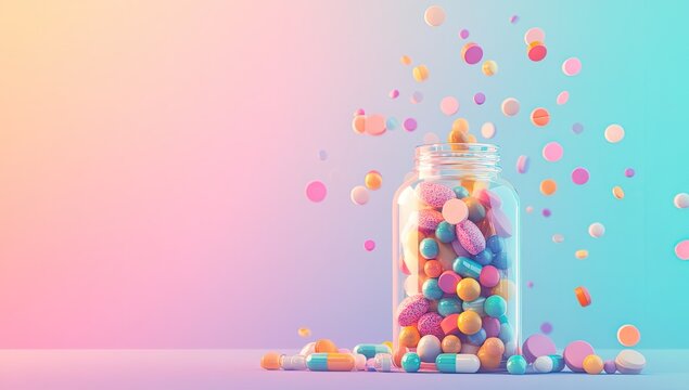 Vibrant pills spilling from a glass jar against a pastel backdrop - Powered by Adobe