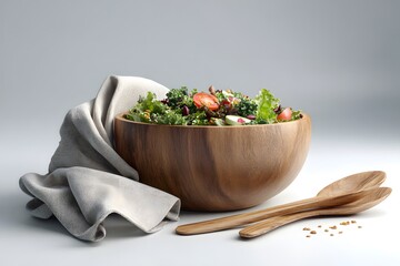 plant based meal scene with salad bowl, linen napkin, and wood cutlery, photorealistic, daylight