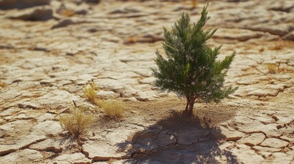 small green tree growing in dry sandy terrain with cracks on sunny day - ai