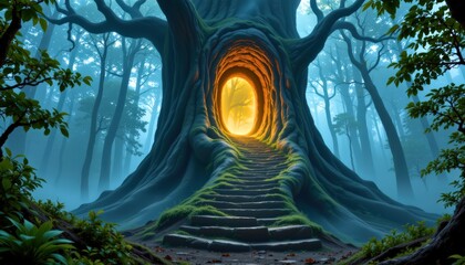 massive ancient staircase carved into a giant tree leading to a glowing portal hidden within foggy f