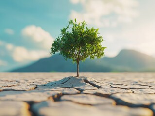 small green tree growing in dry sandy terrain with cracks on sunny day - ai