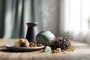 soft focus room with diffuser, crystals, and dried herbs on wood table, photorealistic